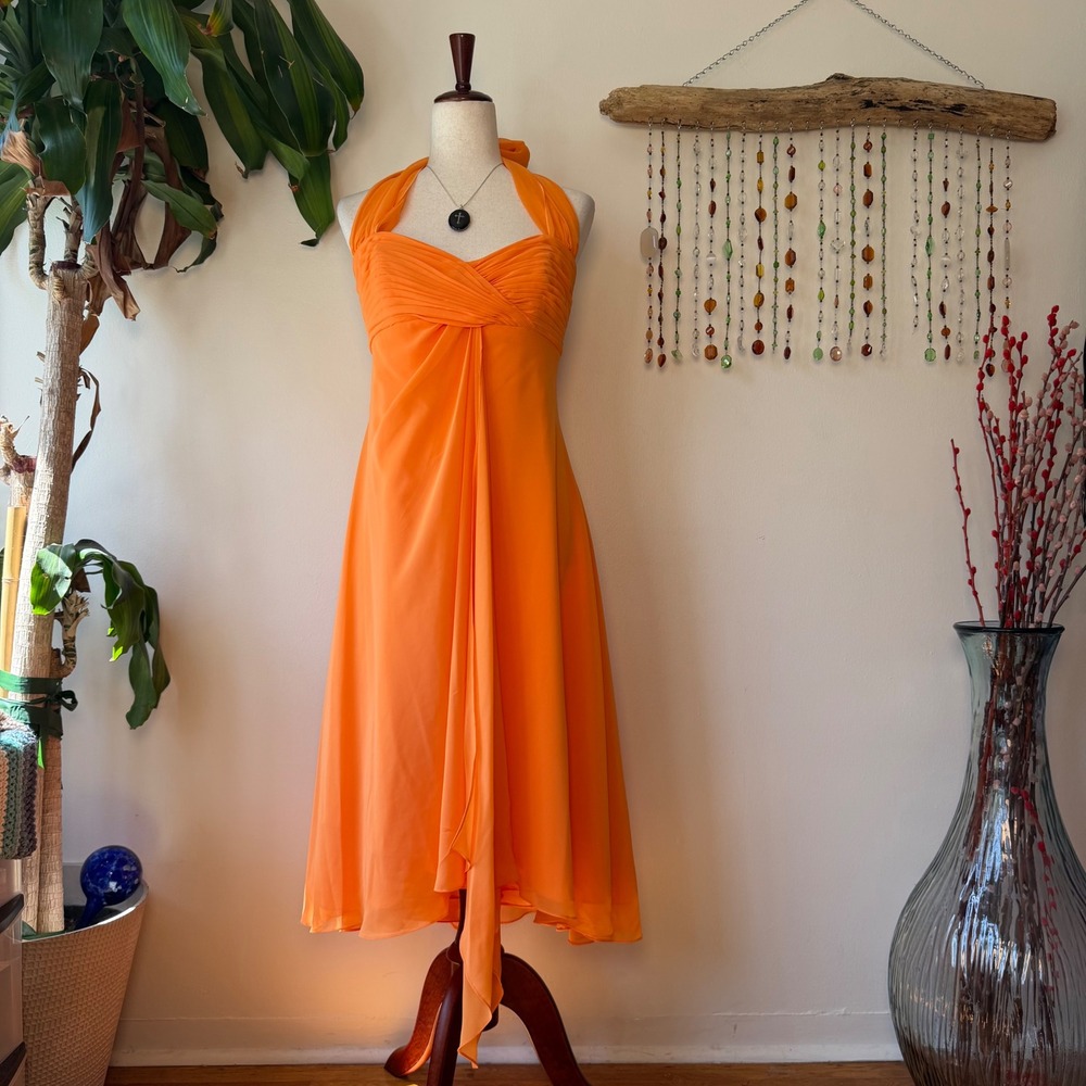 Davids Bridal Orange Chiffon Babydoll Halter Formal Midi Dress A line Size 12